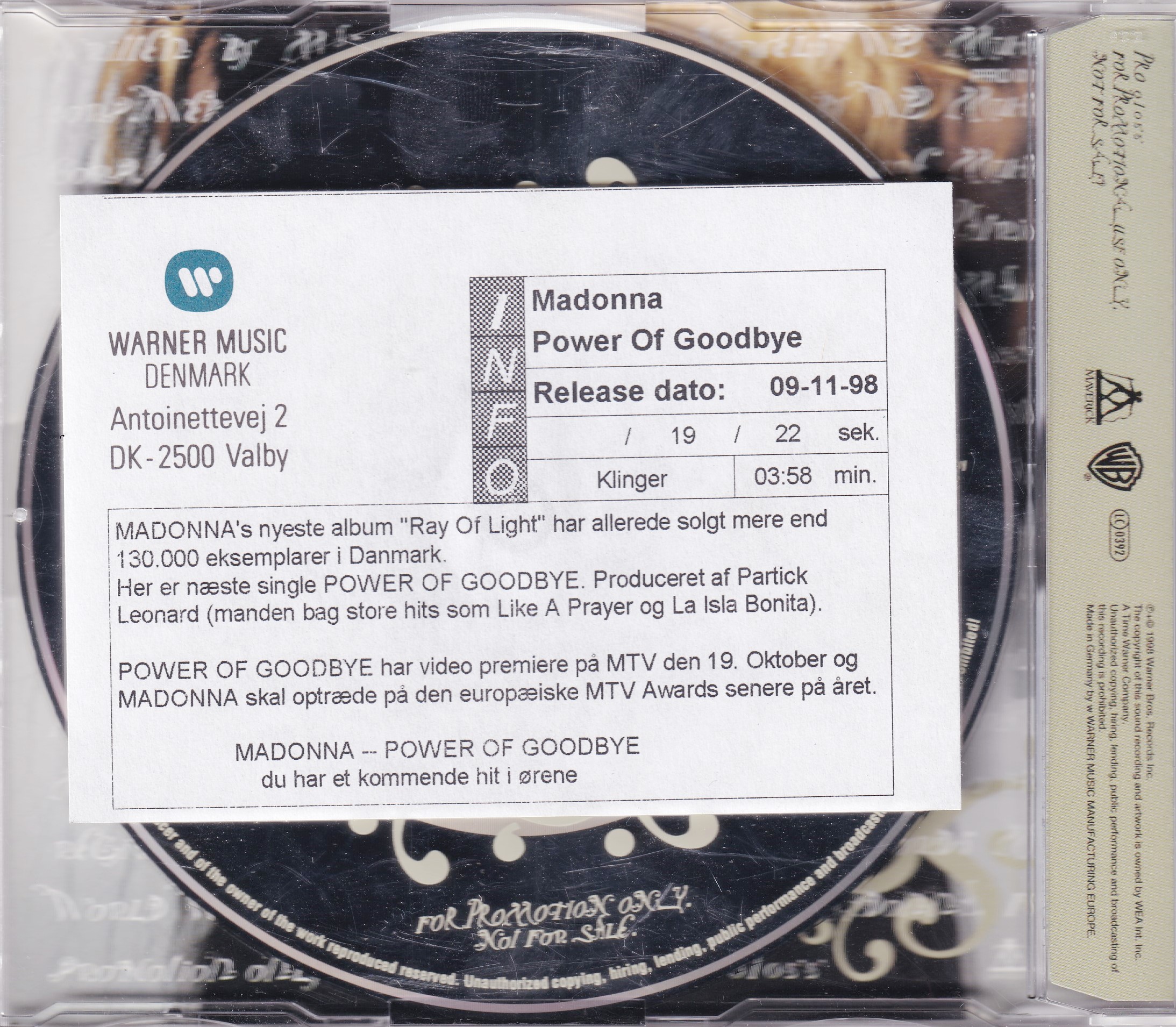 The Power Of Good-Bye - 1998 German Maverick/Warner Bros. label 1 track  Promotional Issue CD - All Products - Sound Station
