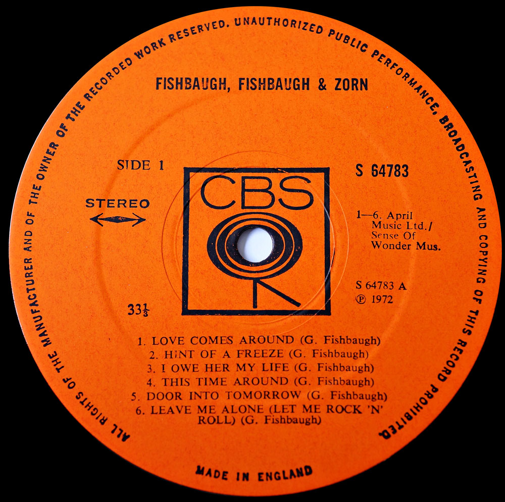 Fishbaugh, Fishbaugh And Zorn - 1972 UK Pressed CBS label 13-track