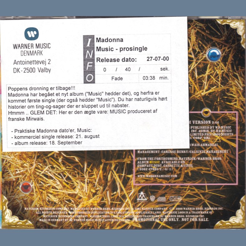 2000 - German Maverick/Warner Bros. label 1 track Promotional Issue CD incl. promo info sticker