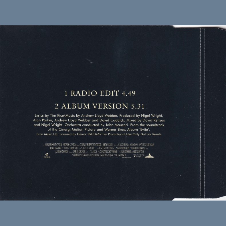 Don't Cry For Me Argentina - 1996 - German - Warner Bros. label  2 tracks CD single  Promo incl. 