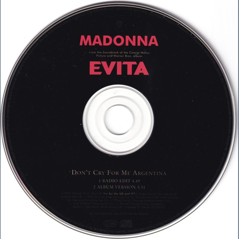 Don't Cry For Me Argentina - 1996 - German - Warner Bros. label  2 tracks CD single  Promo incl. 