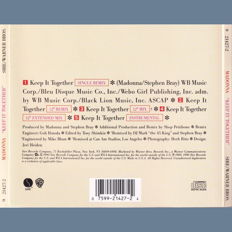 Keep It Together - 1990 - US - Sire/Warner Bros. label - 5 tracks Maxi CD