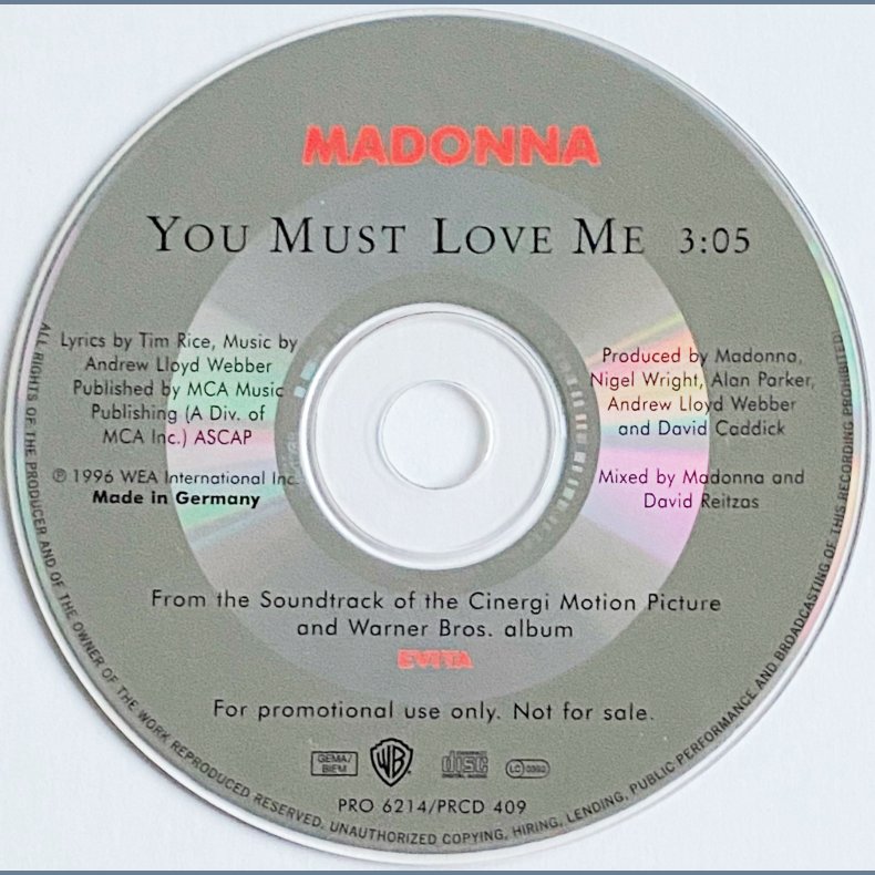 You Must Love Me - 1996 - German - Warner Bros. label  1 track CD single  Promo incl. info sticker
