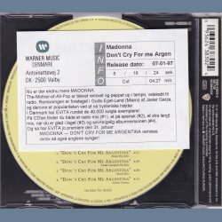 Don't Cry For Me Argentina - 1996 - German - Warner Bros. label  4 tracks CD incl. info sticker