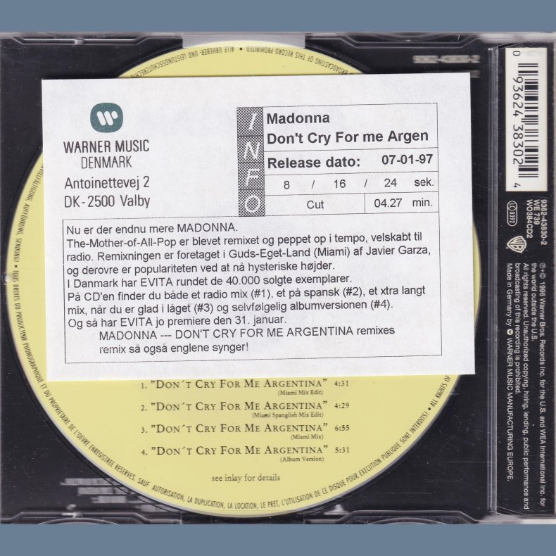 Don't Cry For Me Argentina - 1996 - German - Warner Bros. label  4 tracks CD incl. info sticker