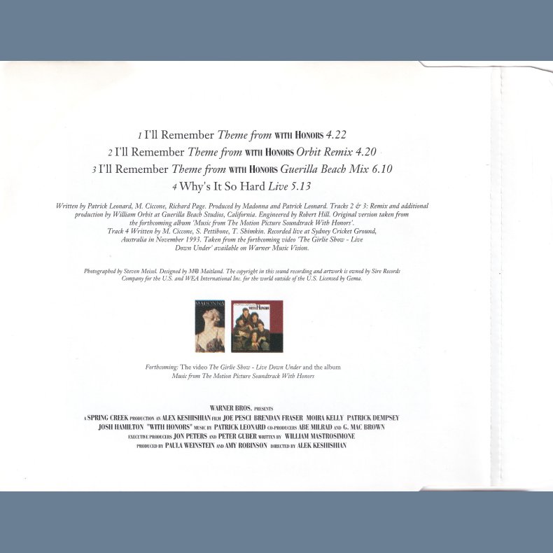 I'll Remember - 1994 - German - Maverick/Warner Bros. label - 4 tracks Maxi CD