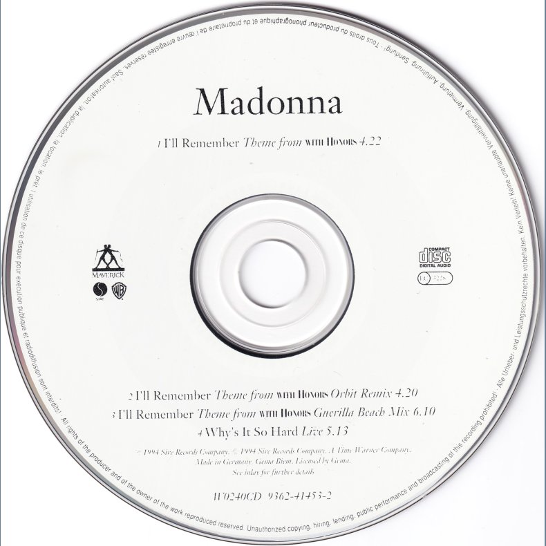 I'll Remember - 1994 - German - Maverick/Warner Bros. label - 4 tracks Maxi CD