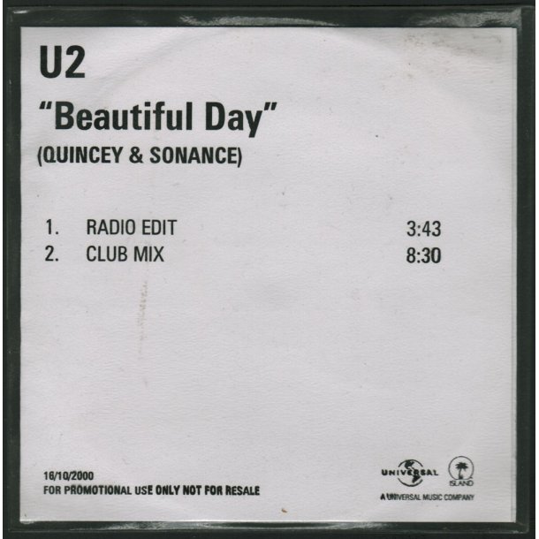 Beautiful Day - Quincey &amp; Sonance Mix - 2000 UK Island label 2-track CD acetate