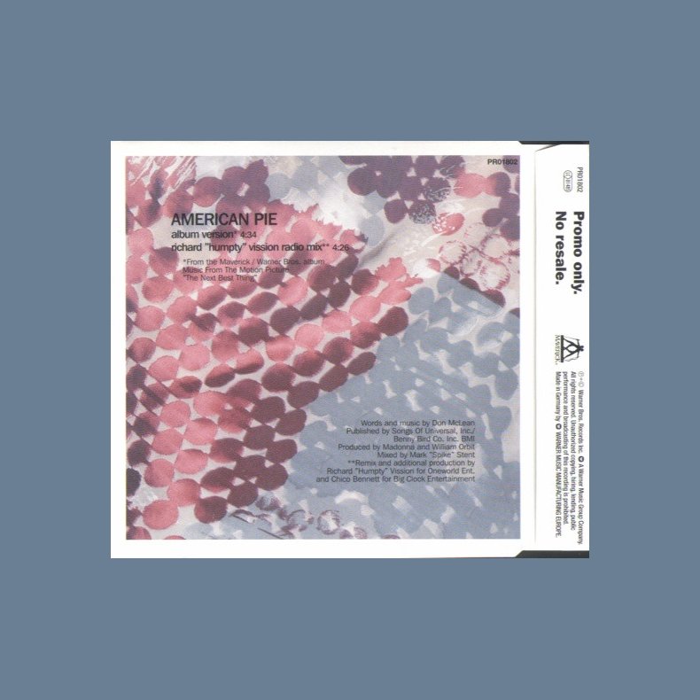 American Pie - 2000 German Maverick/Warner Bros label 2-track Promotional Issue CD