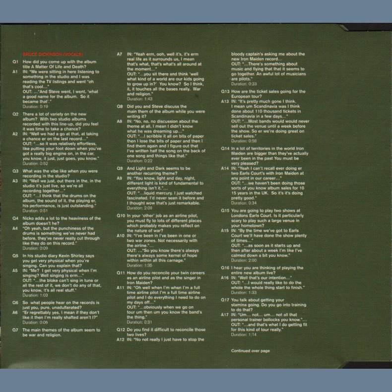 A Matter Of Life And Death - Promotional Issue Only Interview CD