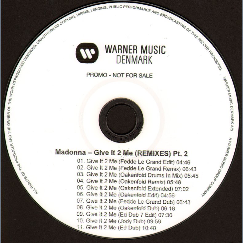 Give It 2 Me Remixes Pt. 2 - Authentic Danish Warner label 11-Track Promotional CD Acetate