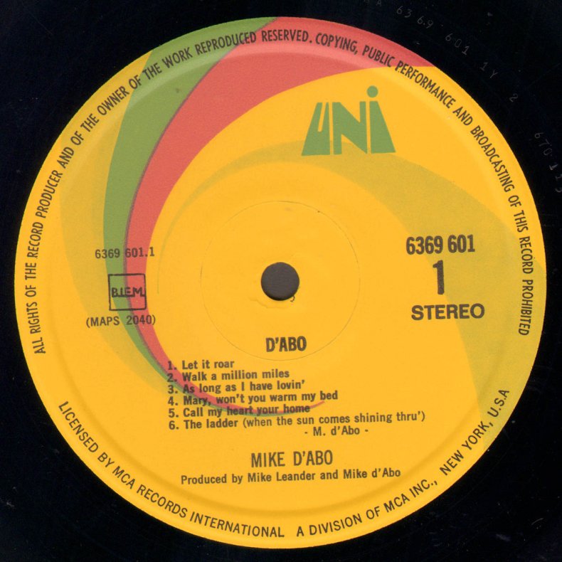 D'Abo - Original 1970 German UNI label 12-track LP