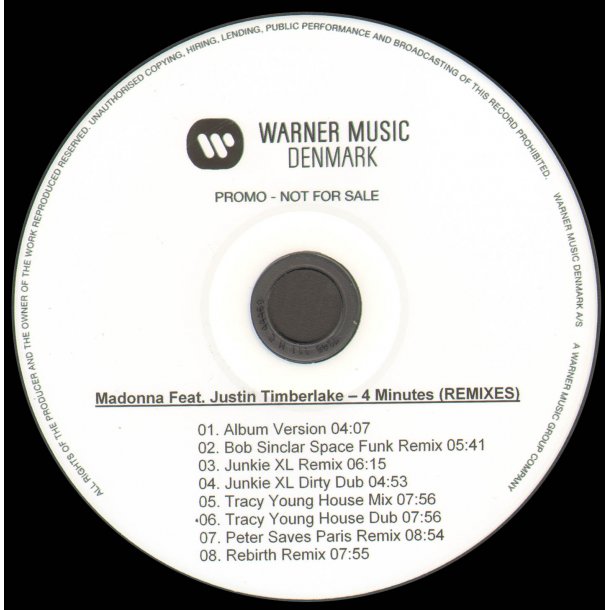 4 Minutes - Authentic 2008 Danish Warner Music label 8-Track Remix CD Acetate