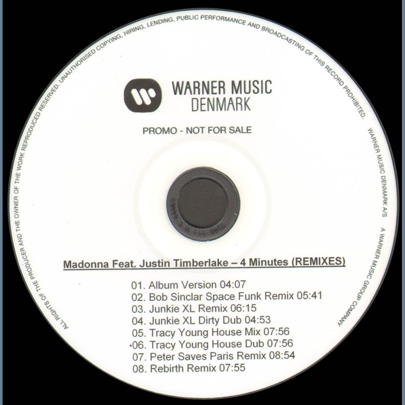 4 Minutes - Authentic 2008 Danish Warner Music label 8-Track Remix CD Acetate