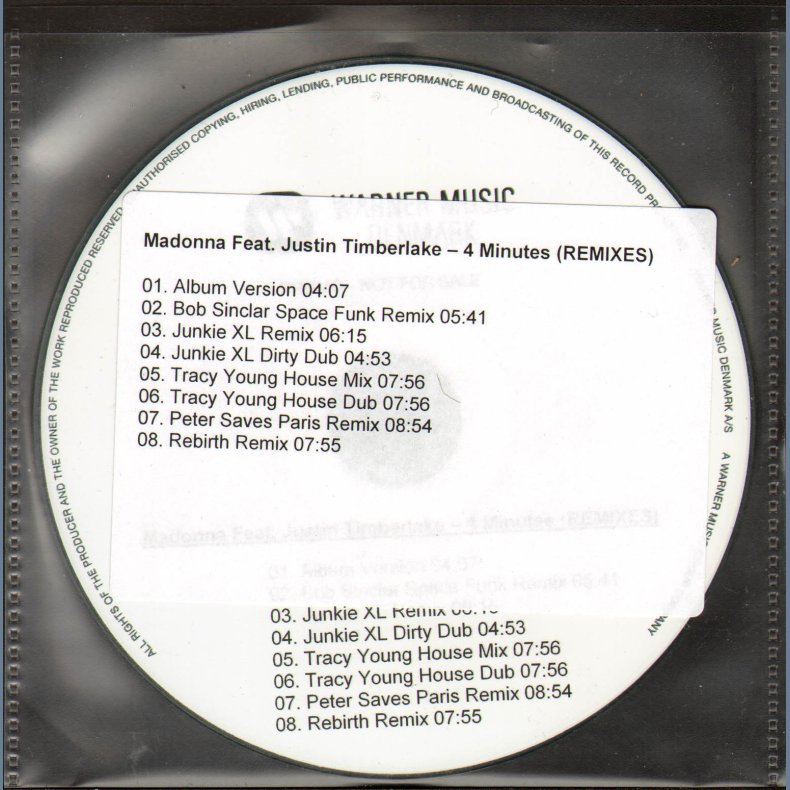 4 Minutes - Authentic 2008 Danish Warner Music label 8-Track Remix CD Acetate
