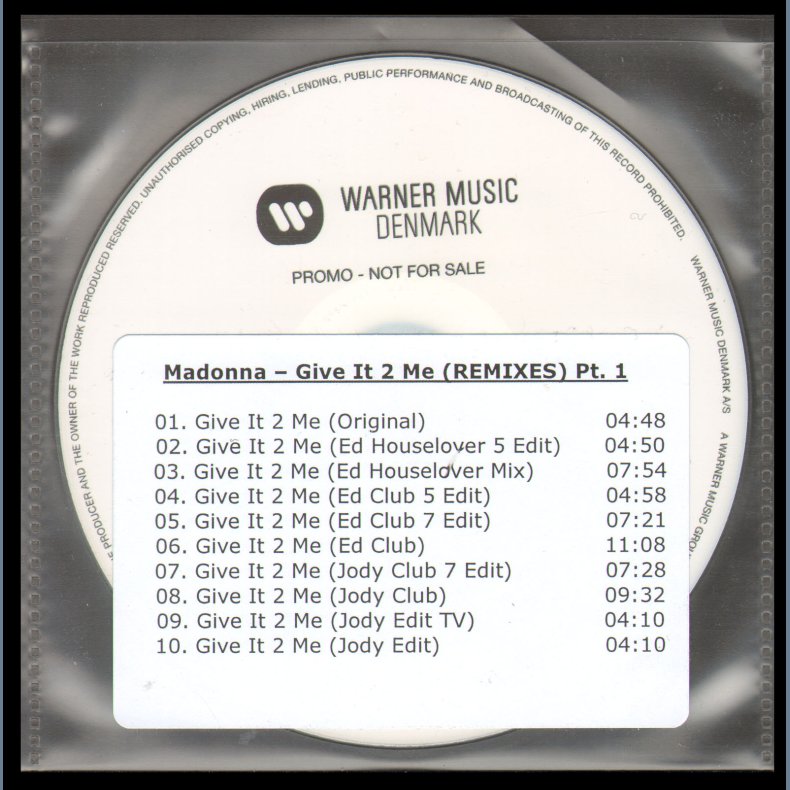 Give It 2 Me Remixes Pt.1 - Authentic 2008 Danish Warner label 10-Track Promotional Issue CD Acetate