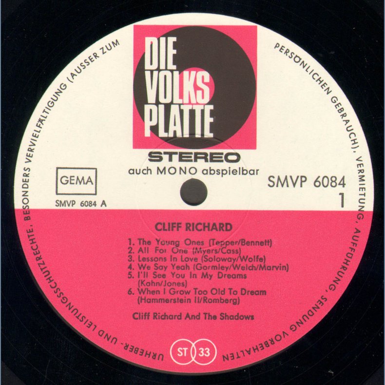 Cliff Richard &amp; The Shadows - German 12-track LP
