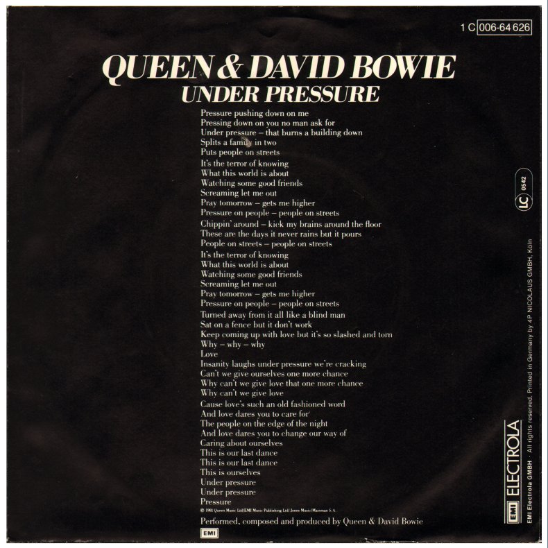 Under Pressure b/w Soul Brother - 1981 German 2-track 7" Single