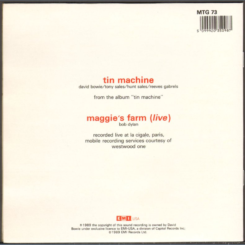 Tin Machine b/w  Maggie's Farm (Live) - 1989 UK Limited Edition 2-track 7"