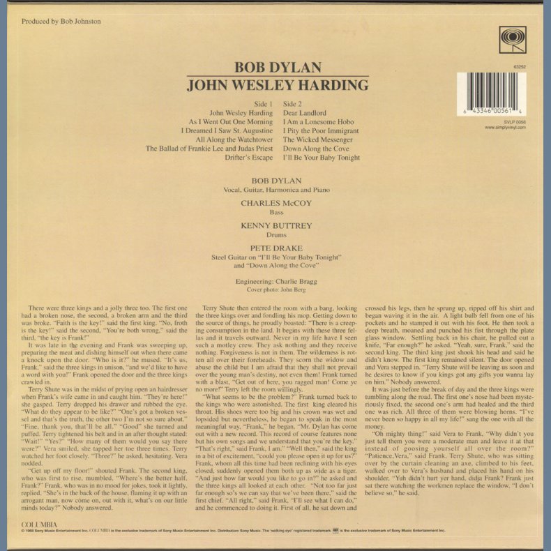 John Wesley Harding - 2000 UK Simply Vinyllabel 180 gram Virgin Vinyl LP Reissue