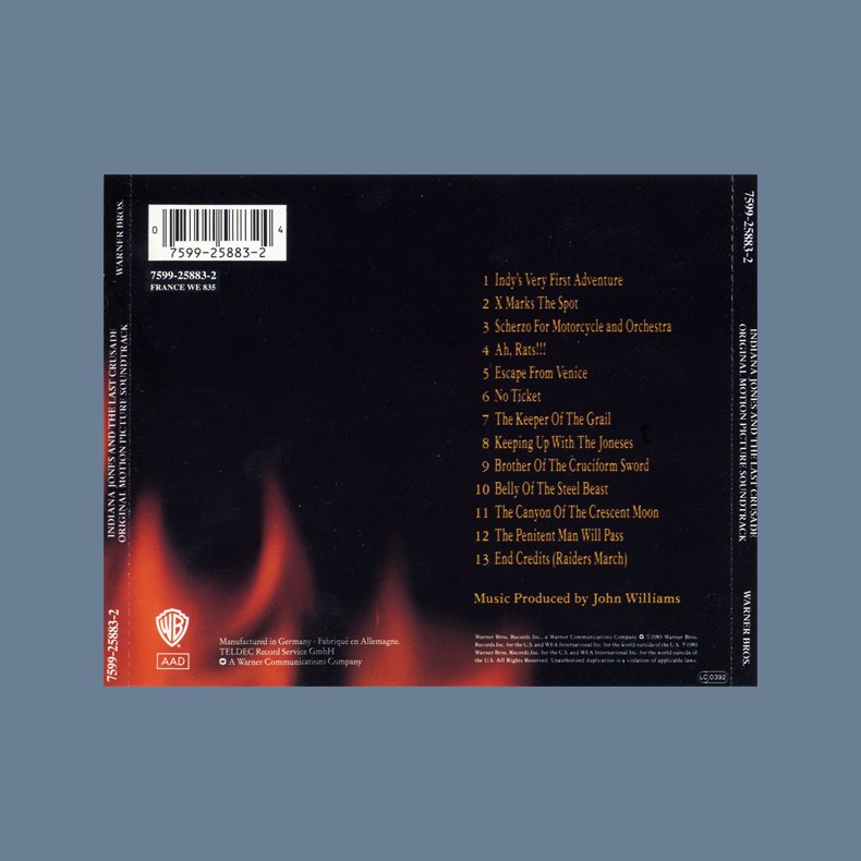 Indiana Jones and the Last Crusade - 1989 German pressed Warner Bros. Label Soundtrack 13-track CD