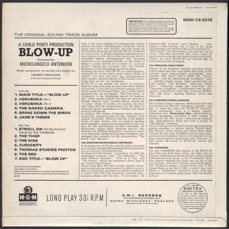 Blow Up - 1967 UK MGM label 13-track Original Soundtrack Stereo LP