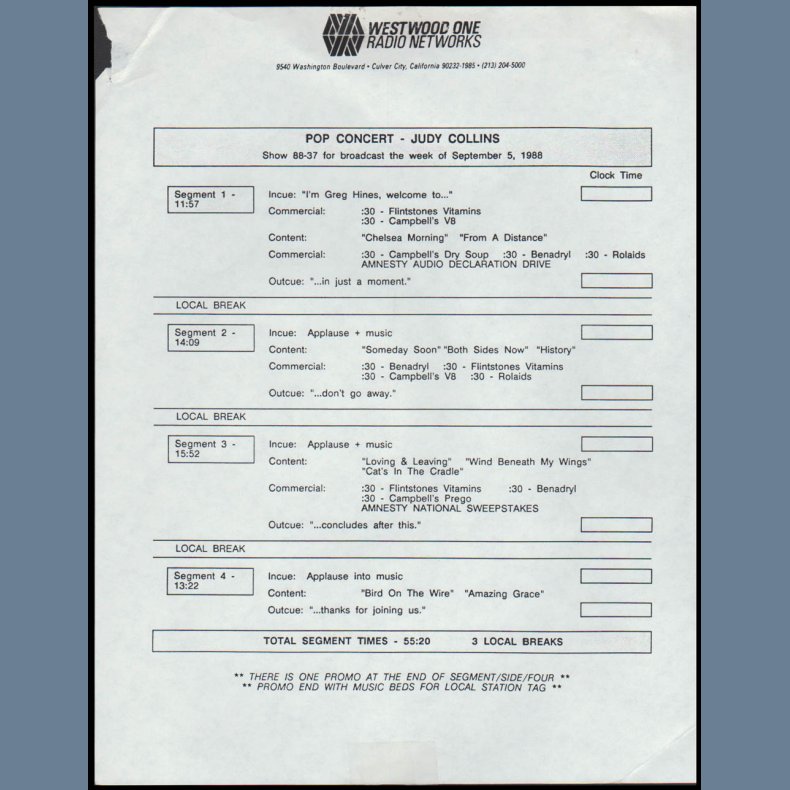 Pop Concert Series - Show 88-37 - 1988 US Westwood One Radio Networks label 2LP Live Radio Sho