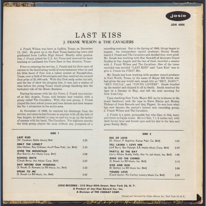 Last Kiss - Original 1964 US Josie label 12-track LP
