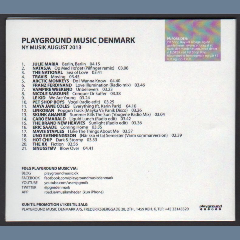 On 'Playground Music Denmark - Ny Musik August 2013' - 2013 Promotional Issue 21-track CD