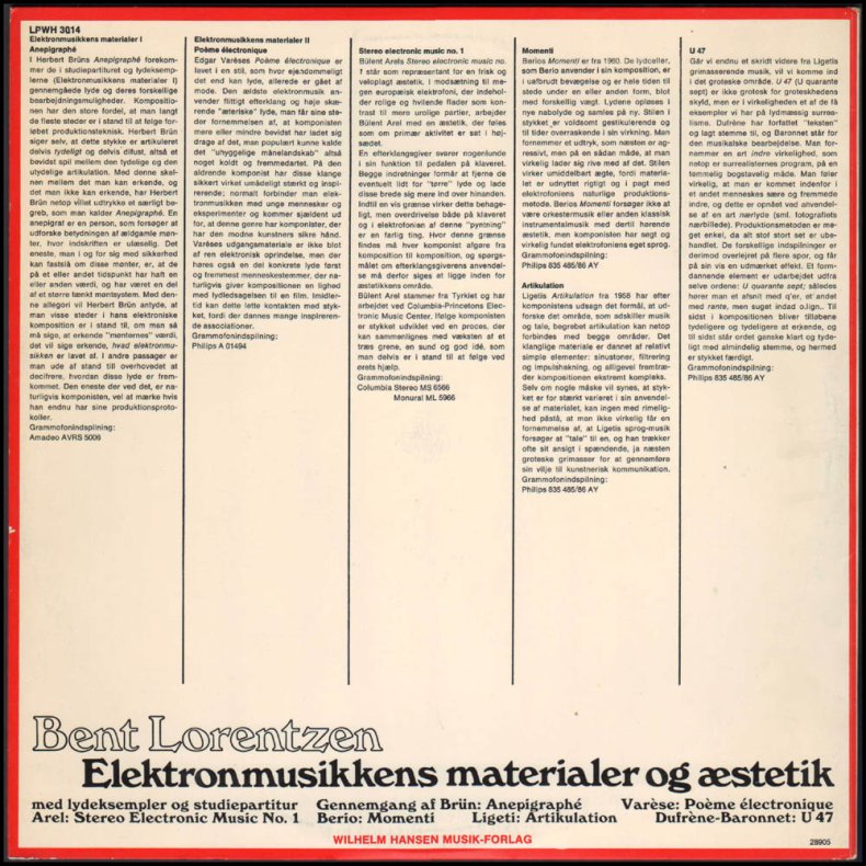 Elektronmusikkens Materialer Og stetik - 1968 Danish Editions Wilhelm Hansen label 4-track LP