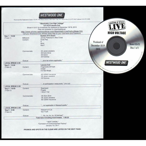 Absolutely Live High Voltage - Show # 10 - 51 - 2010 US Westwood One label Promotional Issue Only Ra