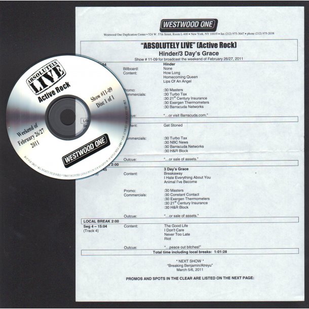 Absolutely Live (Active Rock)- Show # 11 - 09 - 2011 US Westwood One label Radio Show CD