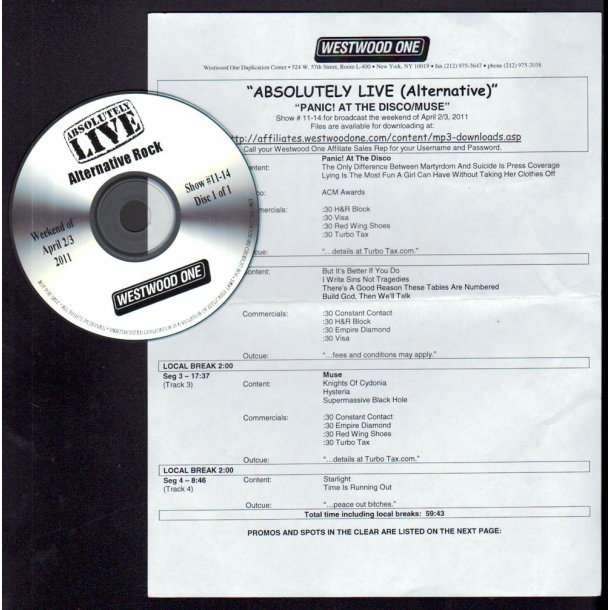 Absolutely Live (Alternative) - Show # 11 - 14 - 2010 US Westwood One label Radio Show CD