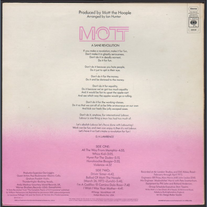 Mott - 1973 UK CBS label 2nd Issue LP - Orange labels, Single Pocket Cover