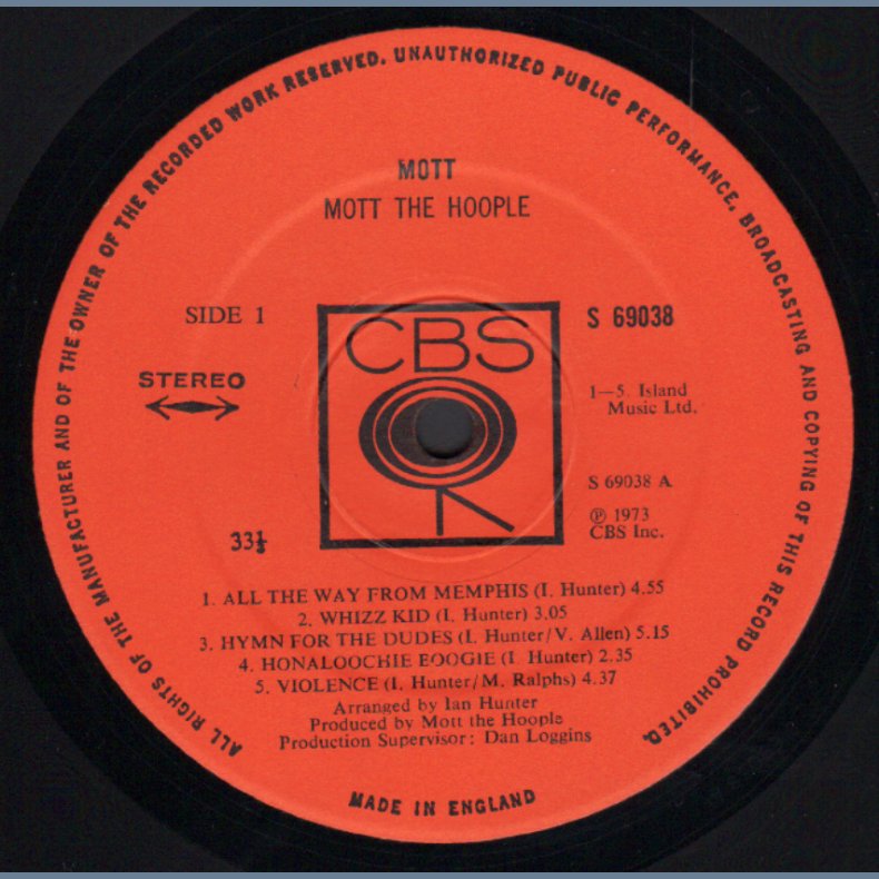 Mott - 1973 UK CBS label 2nd Issue LP - Orange labels, Single Pocket Cover