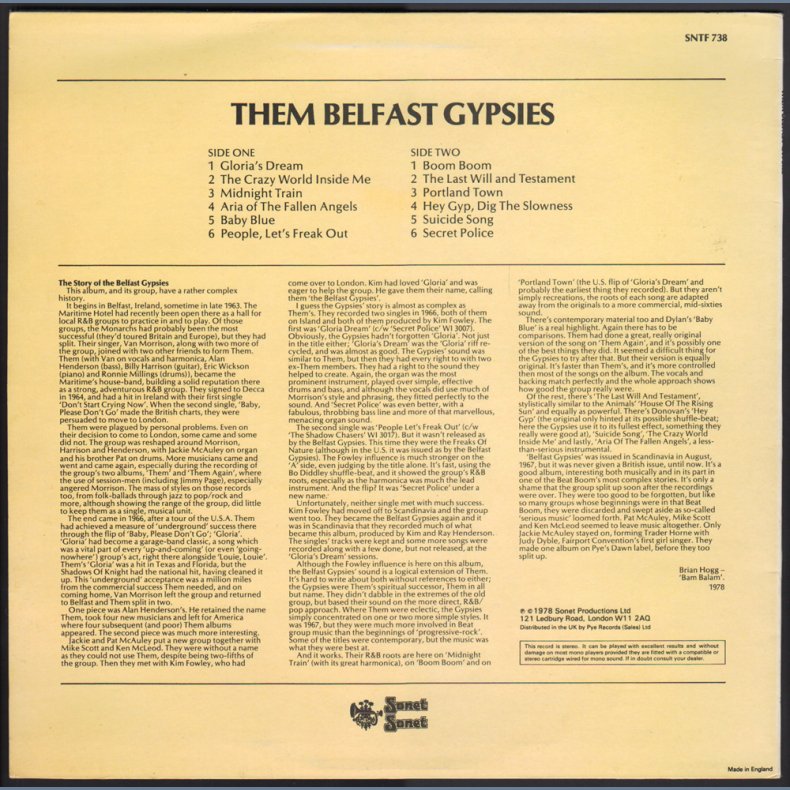 Them Belfast Gypsies - 1978 UK Sonet label 12-track reissue LP