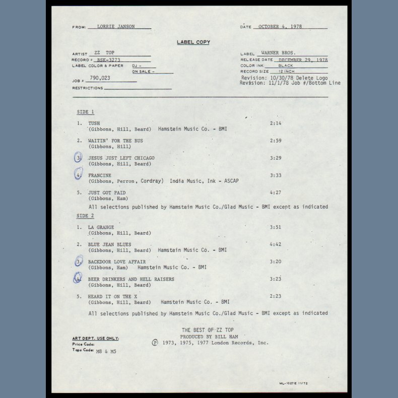 The Best Of ZZ Top - 1978 US Warner Bros 10-track Testpressing LP