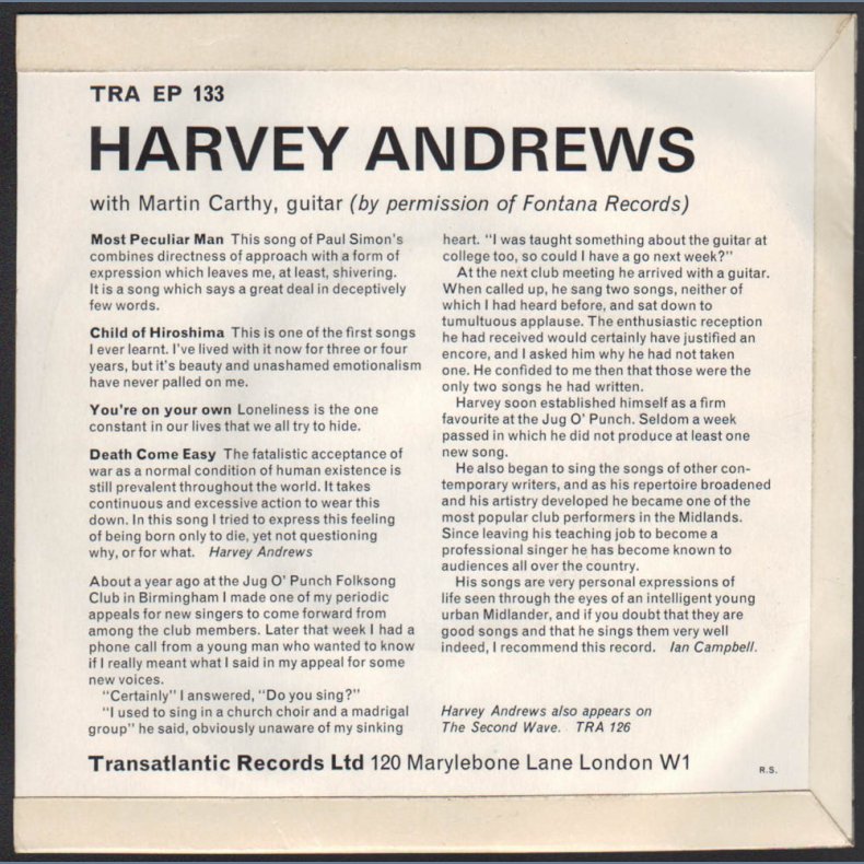 Harvey Andrews EP - 1965 UK Transatlantic label 4-track 7" EP