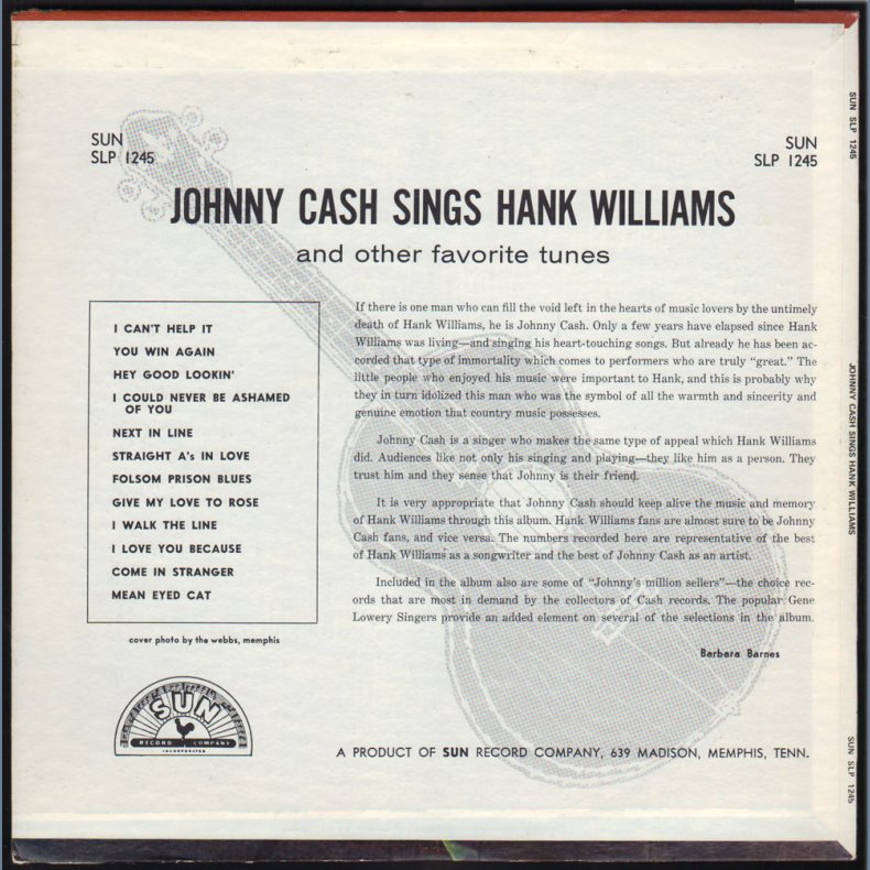 Sings Hank Williams - 1960ies US Sun label 12-track Stereo LP