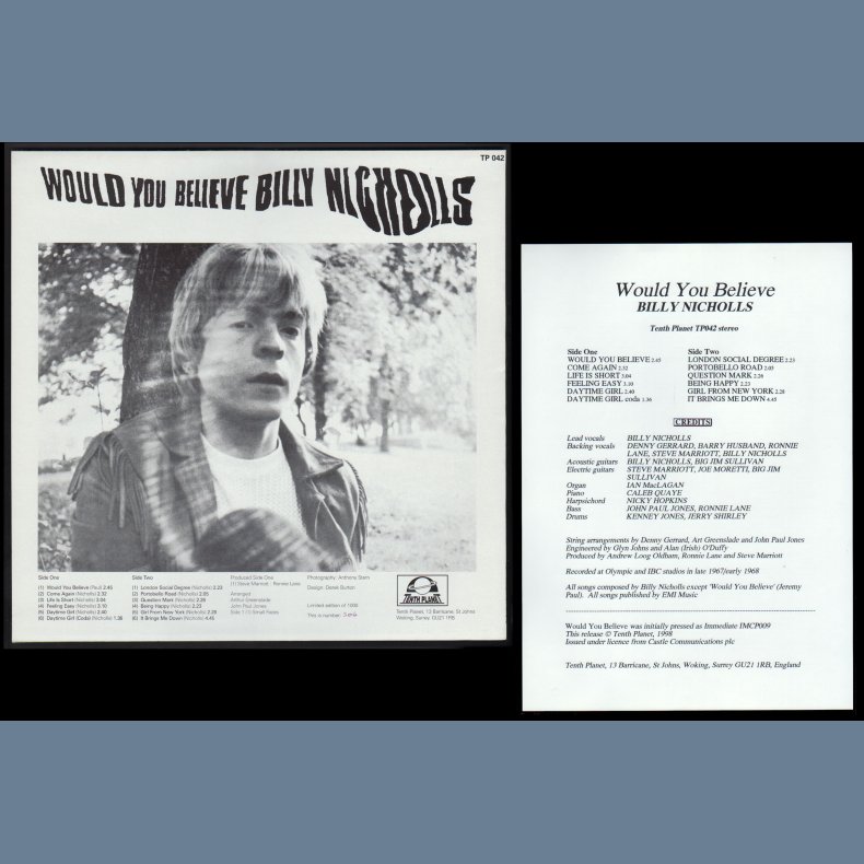 Would You Believe Billy Nicholls - 1998 UK Tenth Planet label 12-track Reissue LP