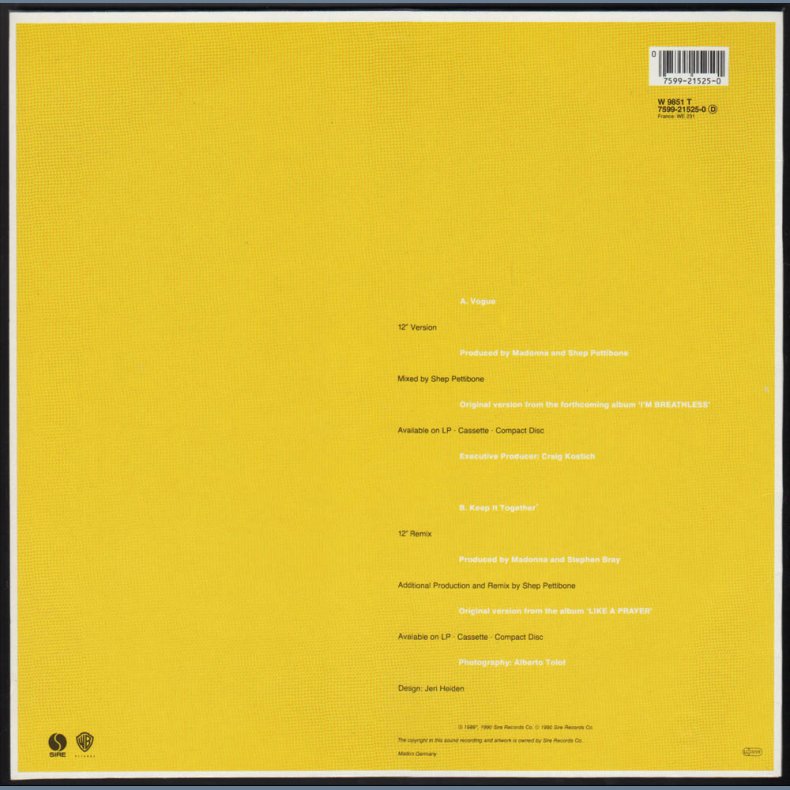 Vogue - 1990 German pressed Sire label 2-track 12" Single