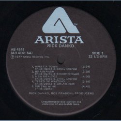 Rick Danko - Original 1977 US Arista label 10-track LP