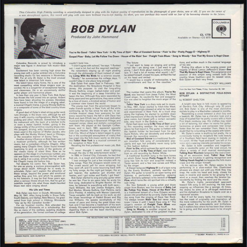 Bob Dylan - 1962 US Columbia label Mono 2nd Pressing 13-track LP