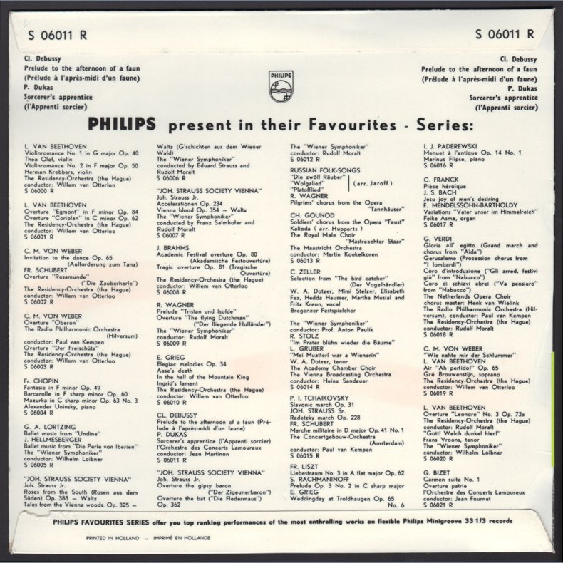 Pr&eacute;lude &Agrave; L'Apr&egrave;s-midi D'Un Faune / L'Apprenti Sorcier - 1954 Danish/Dutch Philips label 10"