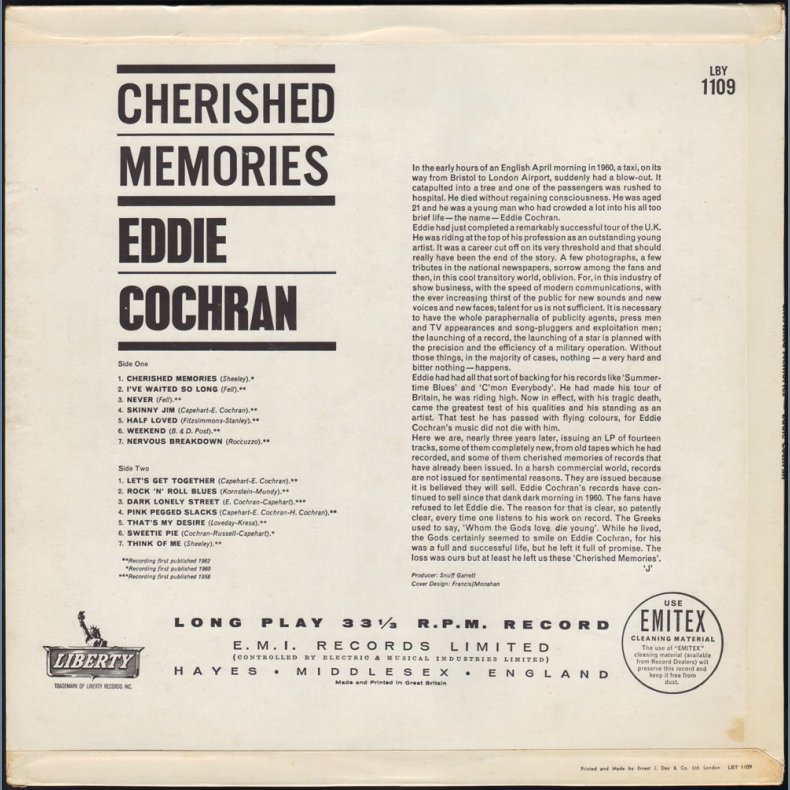 Cherished Memories - Original 1962 UK Liberty label 1st Pressing 14-track LP - Promotional Issue