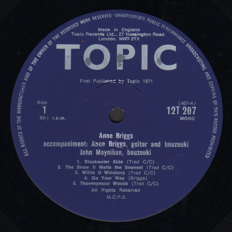 Anne Briggs - Original 1971 UK Topic label 13-track Vinyl LP