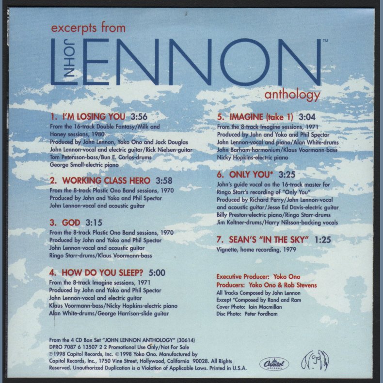 Excerps from John Lennon Anthology - Original 1998 US Capitol label 7-track Promotional Issue CD