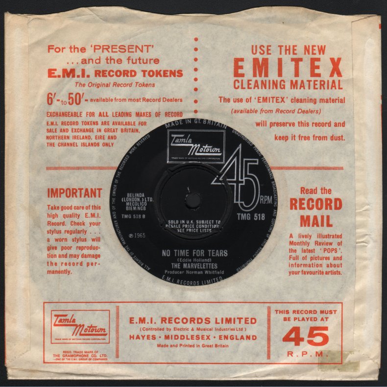 I'll Keep Holding On b/w No Time For Tears - 1965 UK Tamla Motown 2-track 7" Single
