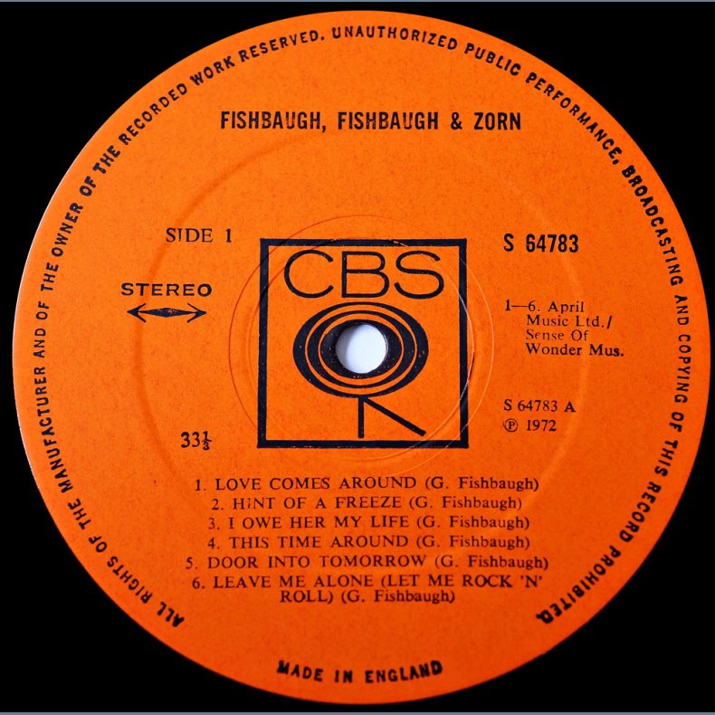 Fishbaugh, Fishbaugh And Zorn - 1972 UK Pressed CBS label 13-track LP