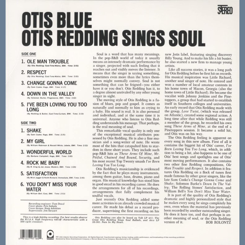 Otis Blue - 2012 European Atco Label Blue Vinyl 11-track LP Reissue